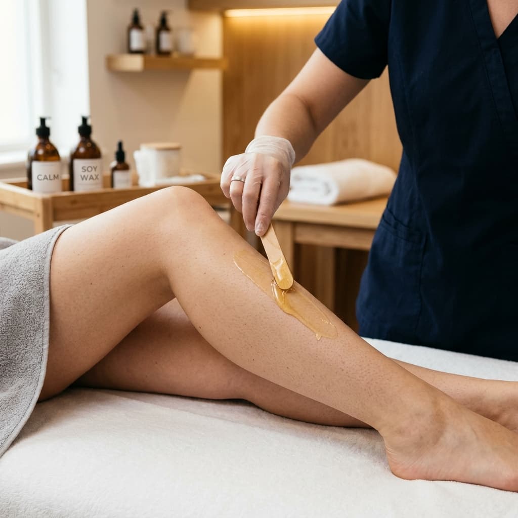 An esthetician applying natural soy hair removal wax to a client's arm with a wooden applicator