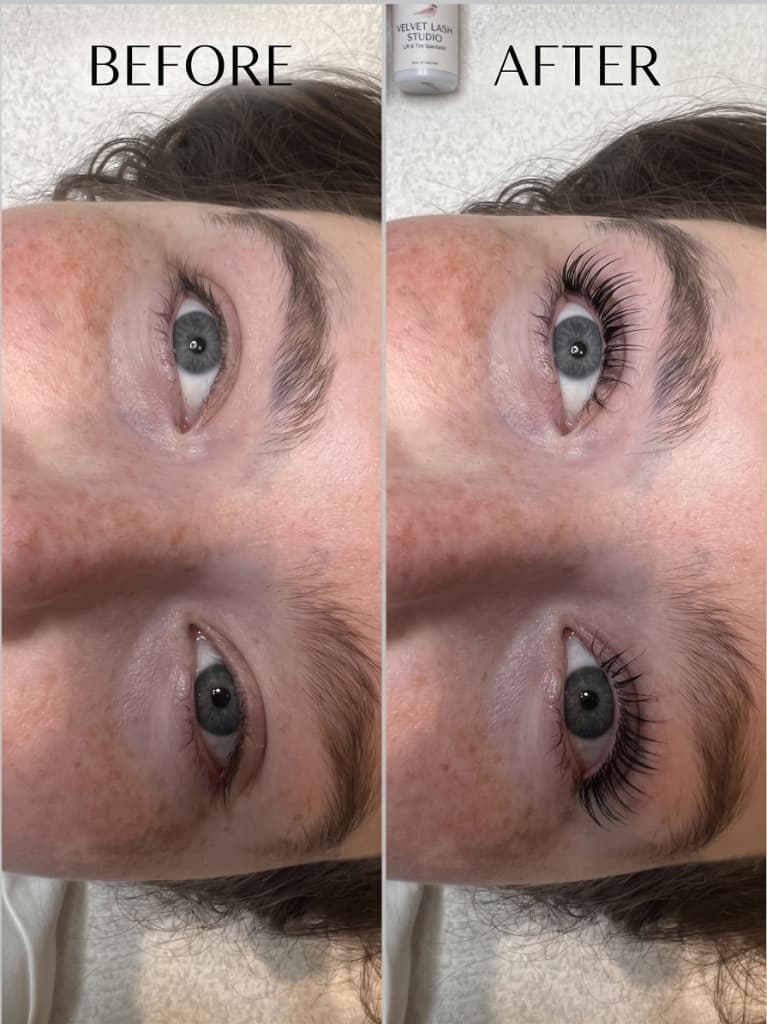 Before and after results of a professional lash lift and tinting treatment